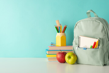 Enliven the classroom atmosphere with side-view image of cheerful school supplies, penholder, books...