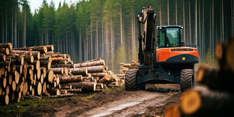 Fototapeta na wymiar tree harvester working in the forest. logging industry. generative AI