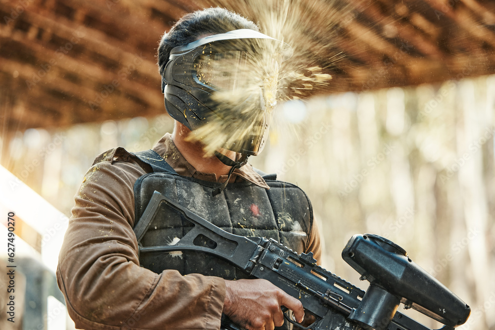 Sticker Paintball gun, man and splash on mask, shooting and target with attack, strategy and gear for safety in outdoor combat. Military exercise, splatter and battlefield action with headshot for war game