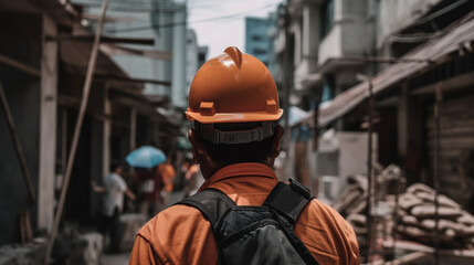 worker in helmet and safety vest with construction tools in background. Generative AI