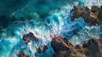 Aerial view of sea and rocks, ocean blue waves crashing on shore - obrazy, fototapety, plakaty