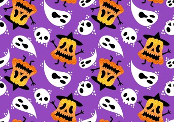 Autumn cartoon harvest vegetable seamless Halloween pumpkins and ghost pattern for wrapping paper and fabrics
