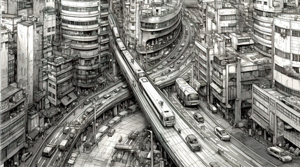 Modern City with lots of roads, bridges, road junctions and transport. Traffic congestion, pollution problems, environmental concept  - obrazy, fototapety, plakaty