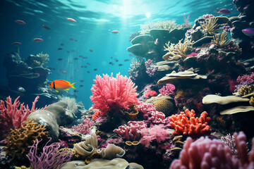 Naklejka na ściany i meble Underwater world with corals turtle fishes ocean inside. coral reef, blue tortoise, dept, lagoon aquatic world, coral formations animals marine life, aquatic creatures, water characters sea immensity,