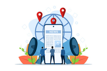 mobile news App concept, worldwide digital media, internet press release with characters. People standing near big smartphones and reading news online. Modern vector illustration in flat style.