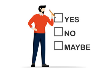 Decision Making in Business. Procedures allow professionals to solve problems by weighing evidence. Businessman holding pencil choosing answer. flat vector illustration on a white background.