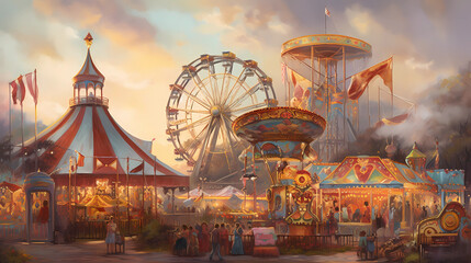 A lively and colorful carnival in full swing, with a vibrant Ferris wheel, merry-go-round, and bustling game stalls, children's laughter fills the air, and cotton candy and popcorn stands offer deligh - obrazy, fototapety, plakaty