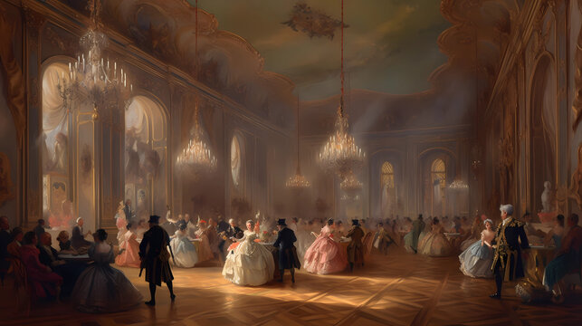 A grand and opulent ballroom in a majestic castle, adorned with chandeliers and intricate ceiling frescoes, elegant dancers waltzing gracefully to the music, and nobles in exquisite attire socializing