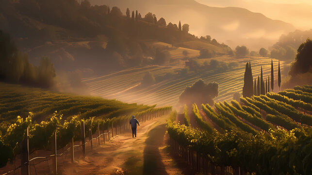 A picturesque vineyard during the golden hour, with rows of lush grapevines extending into the horizon, a charming wine cellar tucked into the hills, and a winemaker inspecting the ripe grapes, evokin
