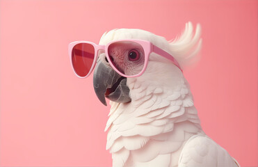 Closeup of white cockatoo parrot wearing sunglasses. Domestic pet bird, animal. Solid pink pastel background. Tropical summer vacation concept, web banner. Funny birthday party card, invitation.  - obrazy, fototapety, plakaty