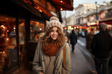 Young beautiful woman portrait, tourist in casual clothes is sightseeing on the street of european city in autumn, travel and tourism concept