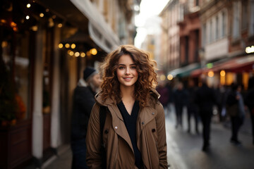 Fototapeta premium Young beautiful woman portrait, tourist in casual clothes is sightseeing on the street of european city in autumn, travel and tourism concept