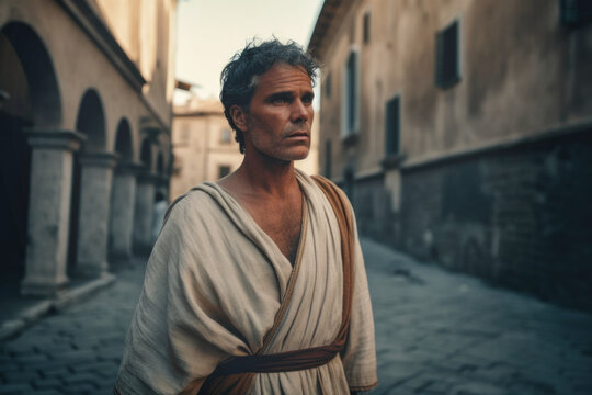 Close-up portrait of Roman civilian wearing a simple tunic and walking through ancient Roman city (Generative AI)