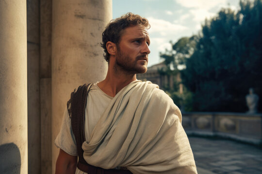 Roman man in ancient Roman city wearing a white tunic (Generative AI)