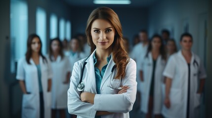 Attractive female doctor in front of medical group with generative ai 