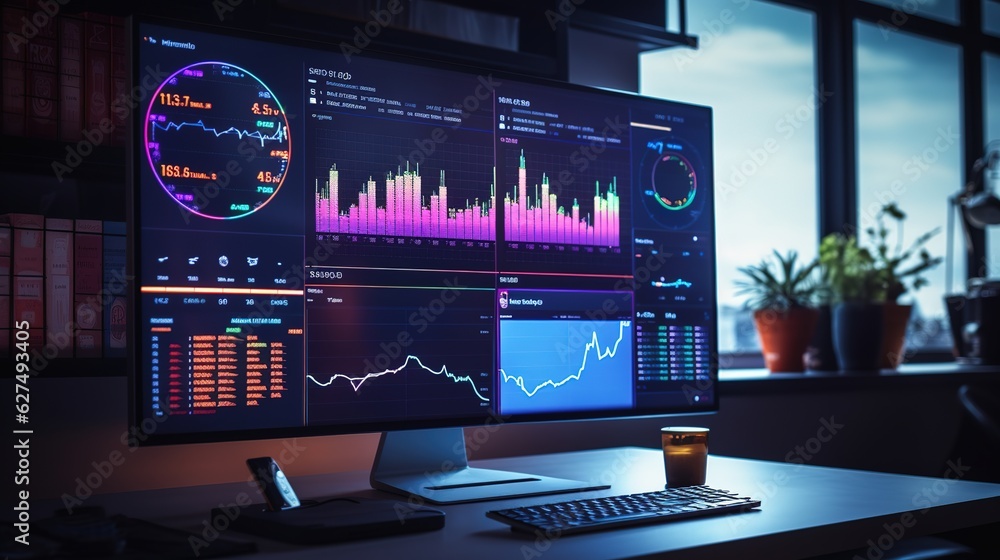 Poster business data dashboard analysis by ingenious computer software . investment application display bus