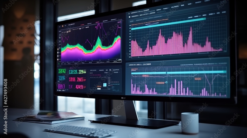Poster business data dashboard analysis by ingenious computer software . investment application display bus