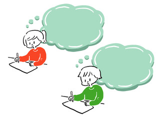 何かを書く男性と女性と吹き出しフレーム　ゆるいシンプルなイラストセット