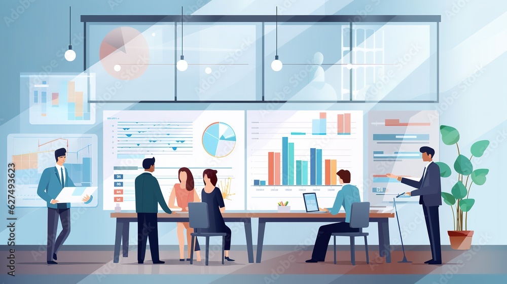Poster business team entrepreneur discussion and analysis report chart data in office, brainstorming in mee
