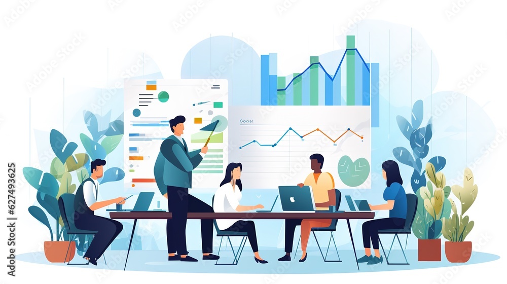 Aufkleber business team entrepreneur discussion and analysis report chart data in office, brainstorming in mee