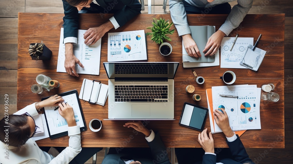 Poster business team hands at working with plan on office desk and modern digital computer laptop. top view