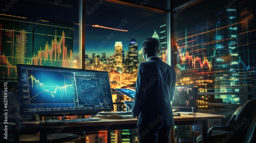 Poster businessman works on a computer with many screens, a control center with a large number of graphs, f