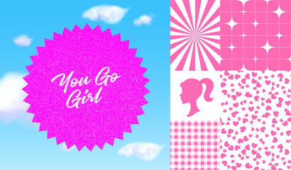 Fototapeta na wymiar Set of Trendy Barbie Doll Elements. Vector Pink Cartoon Illustrations in Barbiecore Style. Girl Silhouette Sticker, Plaid, Checker, Stars and Hearts Seamless Patterns. Shiny Geometric in the Sky