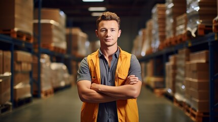 portrait of a person standing with arm crossed in warehouse