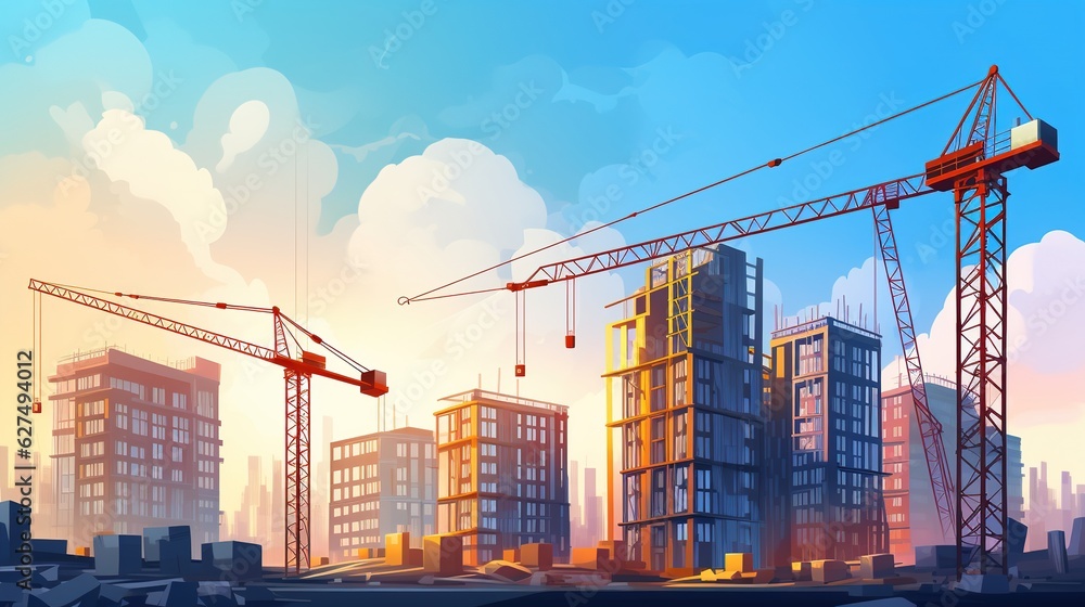 Sticker Construction site background. Hoisting cranes and new multi-storey buildings. Industrial background With generative ai