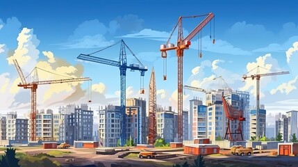 Fototapeta premium Construction site background. Hoisting cranes and new multi-storey buildings. Industrial background With generative ai