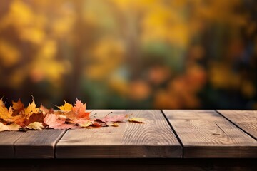 Naklejka na ściany i meble Beautiful autumn landscape with Colorful foliage in the park. Falling leaves on a wooden desk natural background | Generative AI