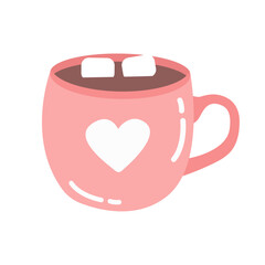Coffee cup, mug in cartoon flat style with heart. Pink cup with coffee drink and marshmallows isolated on white background