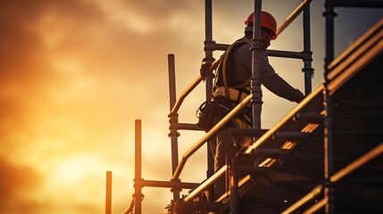 Construction worker wearing safety work at high uniform on scaffolding at construction site on during sunset,Working at height equipment with generative ai - obrazy, fototapety, plakaty