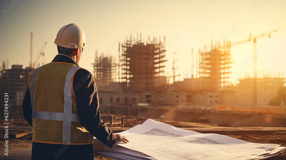 Poster engineering consulting people on construction site holding blueprint in his hand. building inspector