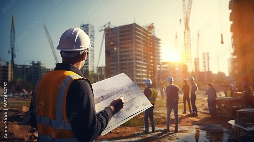 Poster engineering consulting people on construction site holding blueprint in his hand. building inspector