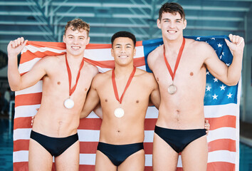 Winner, gold medal and the usa water polo team in celebration of success during a sports event. Fitness, victory and flag with happy male athletes with national pride together in triumph on a podium