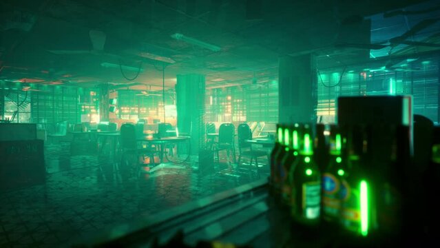 empty bar in Asia illuminated by neon lights