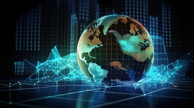 Global economy stock market finance chart business exchange investment data on growth financial graph world map background technology economic money analysis digital trade profit with generative ai