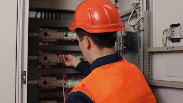 Performs electrical, Electrician measurements, Safety checks. At factory, current in control panel is measured by electrician using multimeter.
