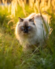 Naklejka na ściany i meble Stalking himalayan cat in high grass, Generative ai