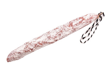 fuet sausage thin dry cured pork sausage with peculiar taste isolated on white background, with clipping path, top view