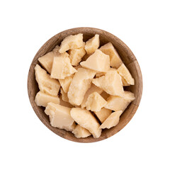 pieces of parmesan cheese in wooden bowl isolated on white background, italian food, top view, with clipping path