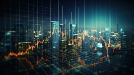 Business growth currency stock and investment economy, Futuristic arrow chart digital transformation abstract technology Indicator financial with buildings background, generative ai