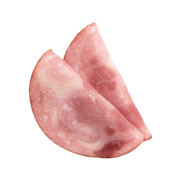 Round Pieces Of Ham Isolated On White Background, Two Pieces Of Pork Ham Cut Into Slices Laid Out To Create Layout, Italian Food With Clipping Path