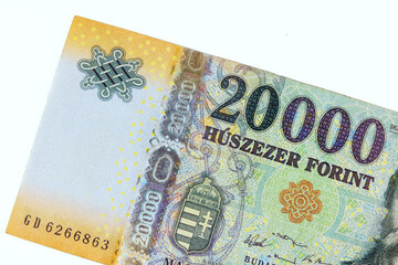 Detailed of twenty thousand forint cash banknote, which is commonly used as Hungarian currency.