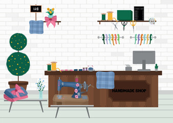 Handmade shop inside view, sewing items. Sewing machine