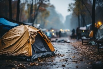 Refugee camp with tents. Background with selective focus and copy space