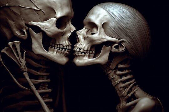 Kiss the zombie skeletons. Halloween concept. Background with selective focus and copy space