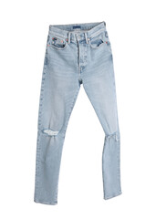 Stylish light blue jeans isolated on white
