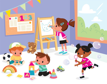 Kids play together in kindergarden. Playroom with children.